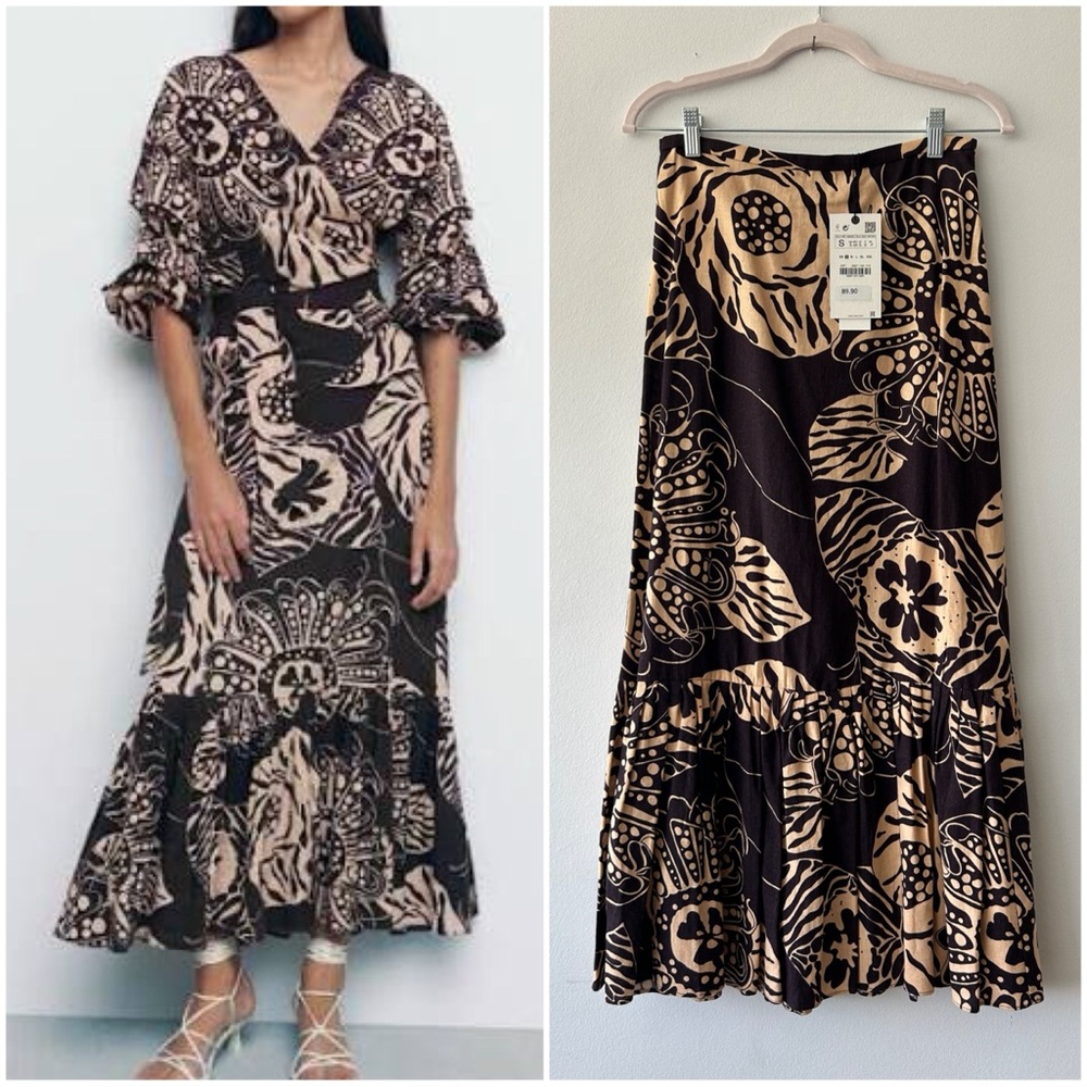 NWT Zara Brown Tan Palm Print Linen Blend Ruffle Maxi Skirt Small
